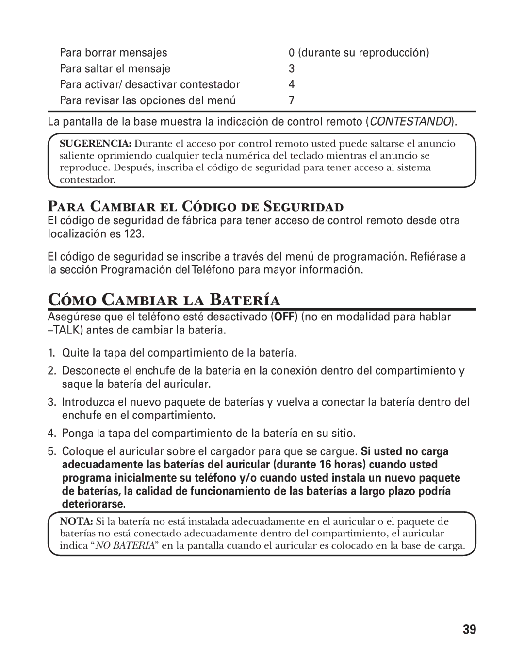 GE 27957 manual Cómo Cambiar la Batería, Para Cambiar el Código de Seguridad 