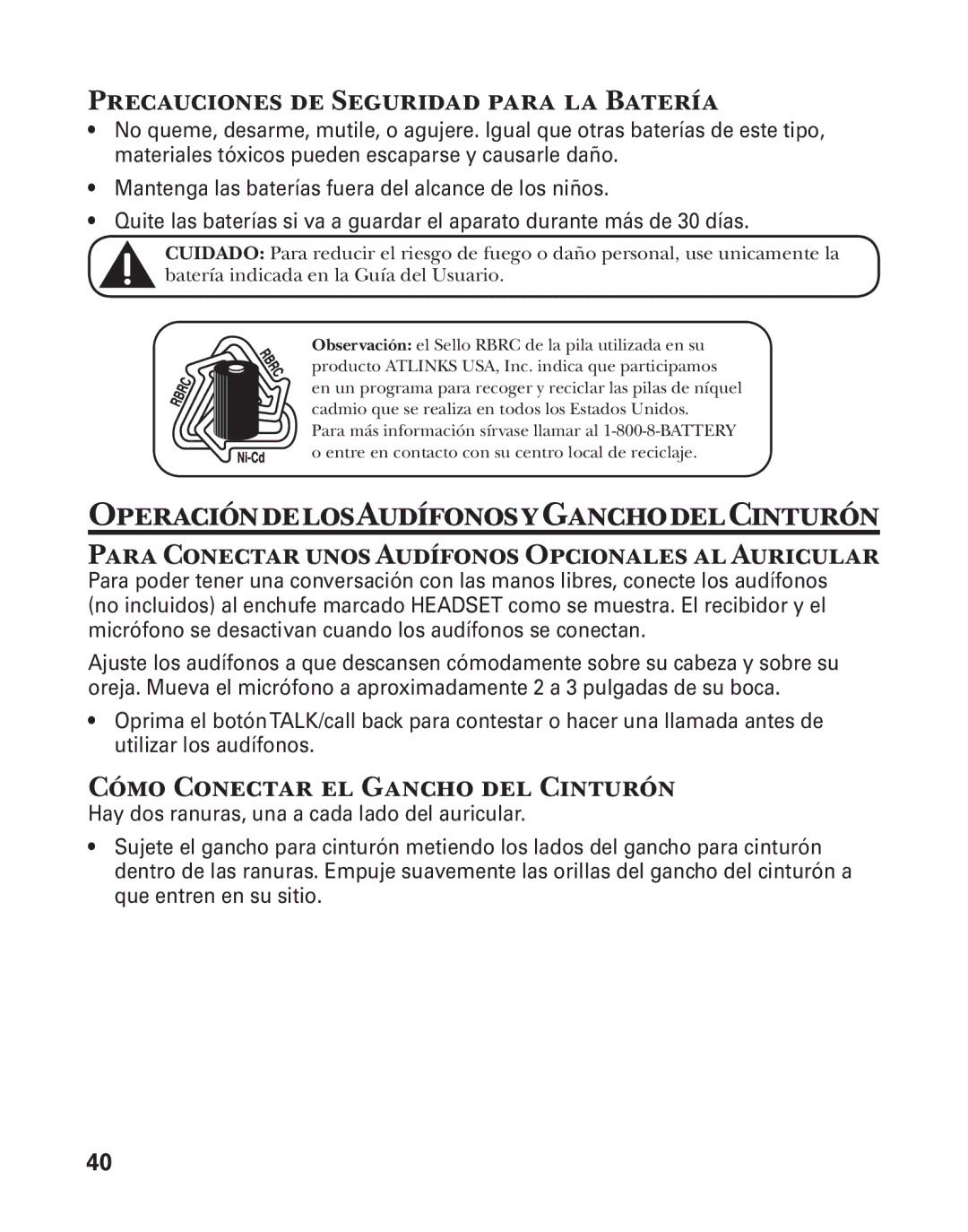 GE 27957 manual OperacióndelosAudífonosyGanchodelCinturón, Precauciones de Seguridad para la Batería 