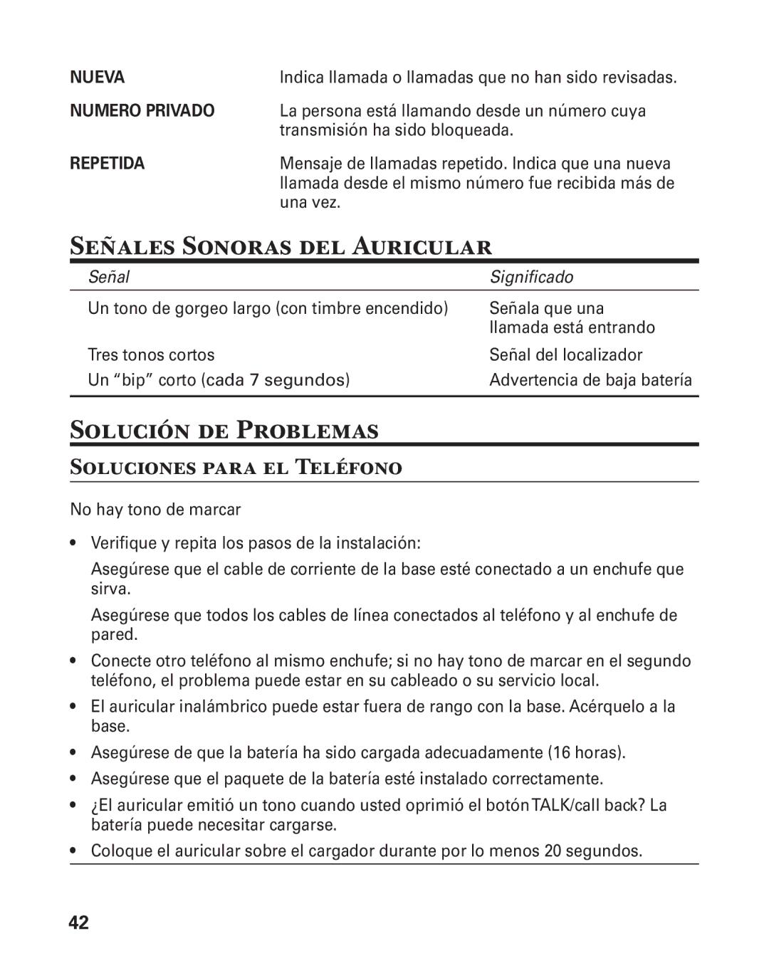 GE 27957 manual Señales Sonoras del Auricular, Solución de Problemas, Soluciones para el Teléfono 