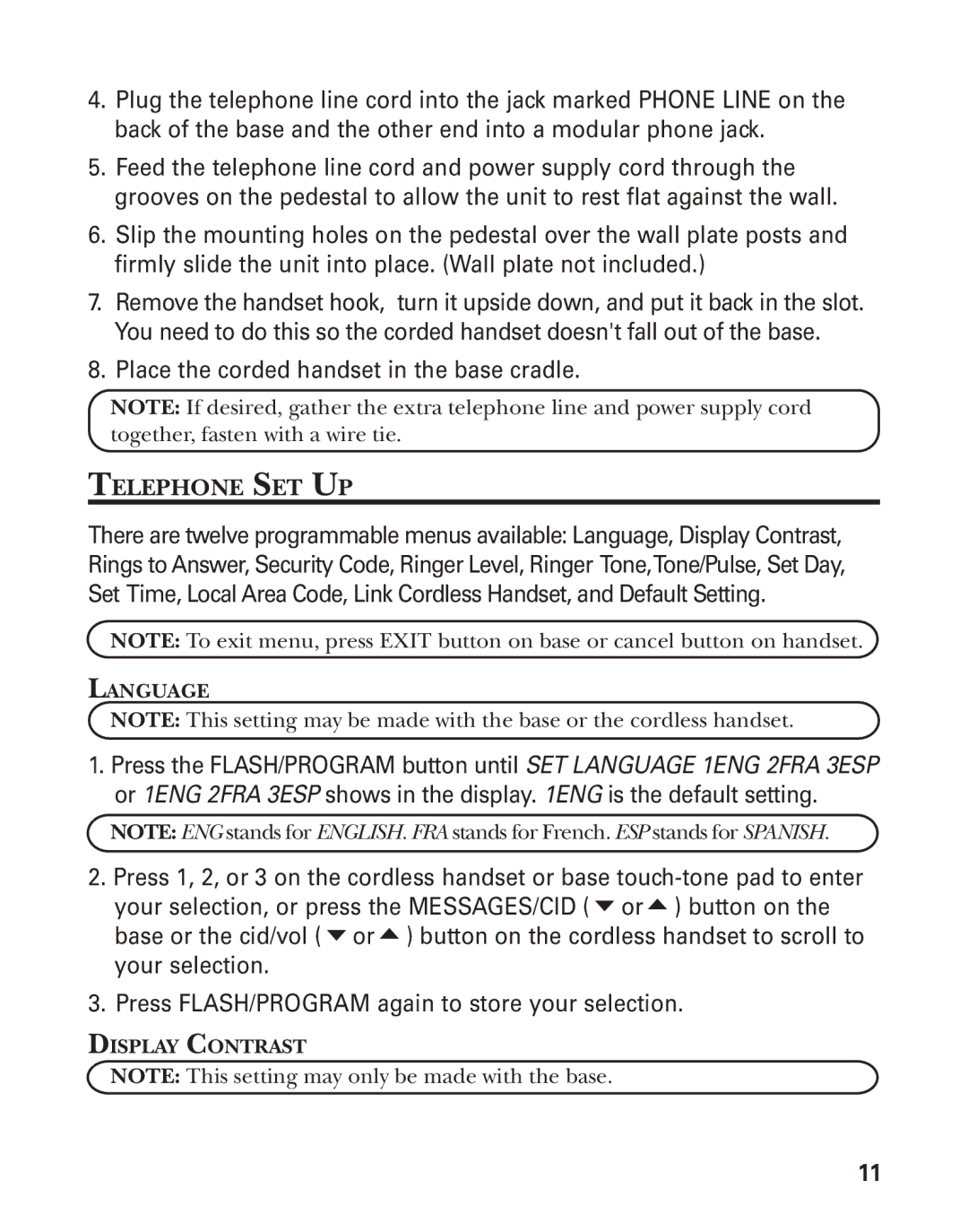 GE 27958 manual Telephone SET UP, Language, Display Contrast 