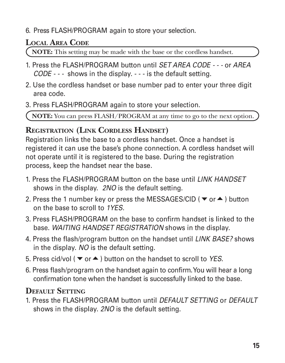 GE 27958 manual Local Area Code, Registration Link Cordless Handset, Default Setting 