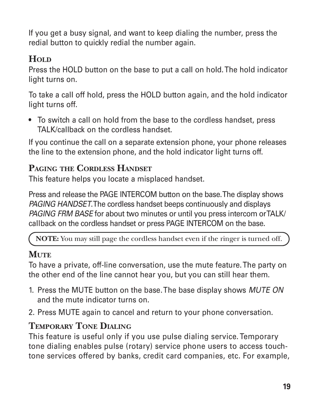 GE 27958 manual Hold, Paging the Cordless Handset, Mute, Temporary Tone Dialing 