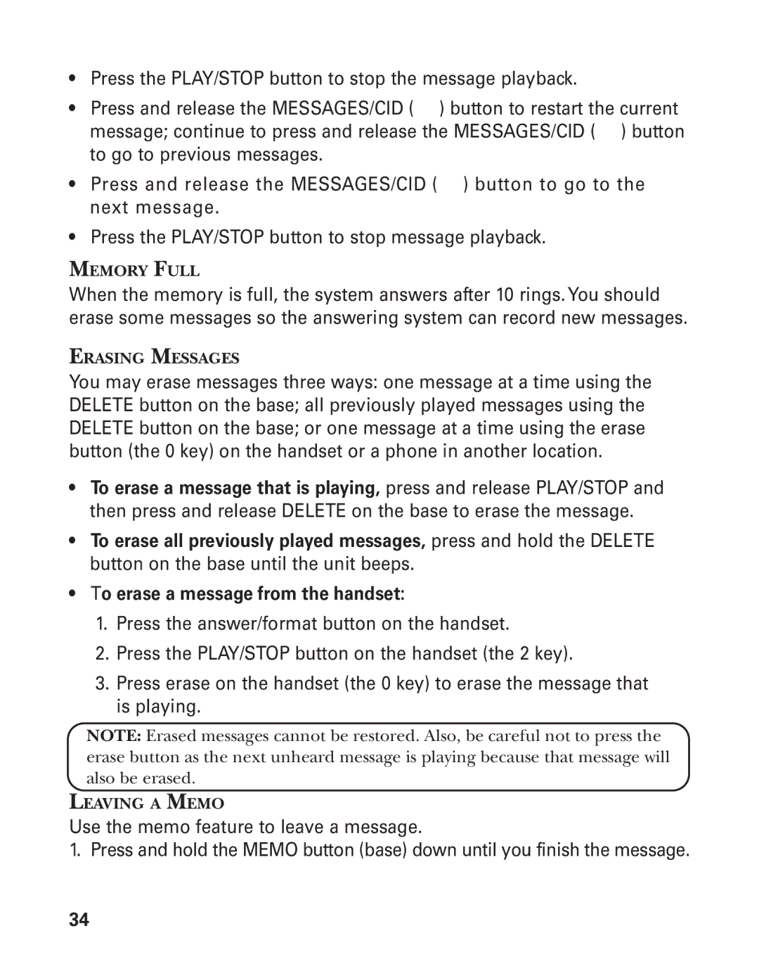 GE 27958 manual Memory Full, Erasing Messages, Leaving a Memo 