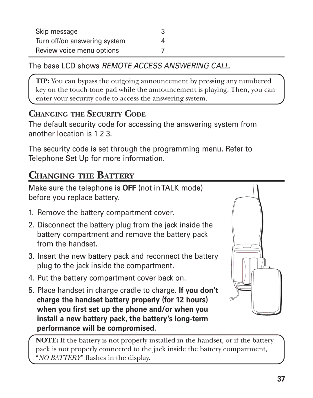 GE 27958 manual Changing the Battery, Changing the Security Code 