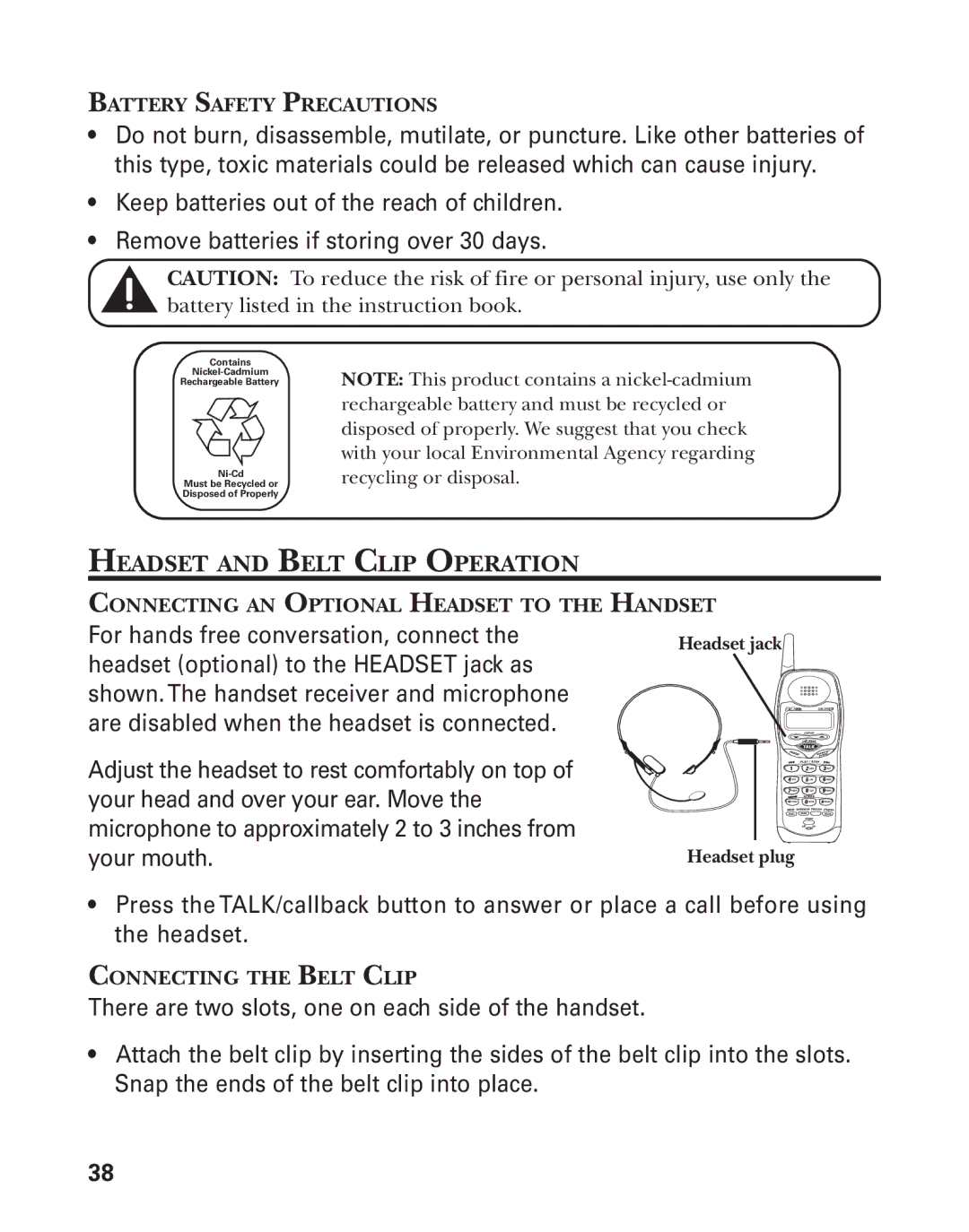 GE 27958 manual Headset and Belt Clip Operation, Battery Safety Precautions, Connecting AN Optional Headset to 