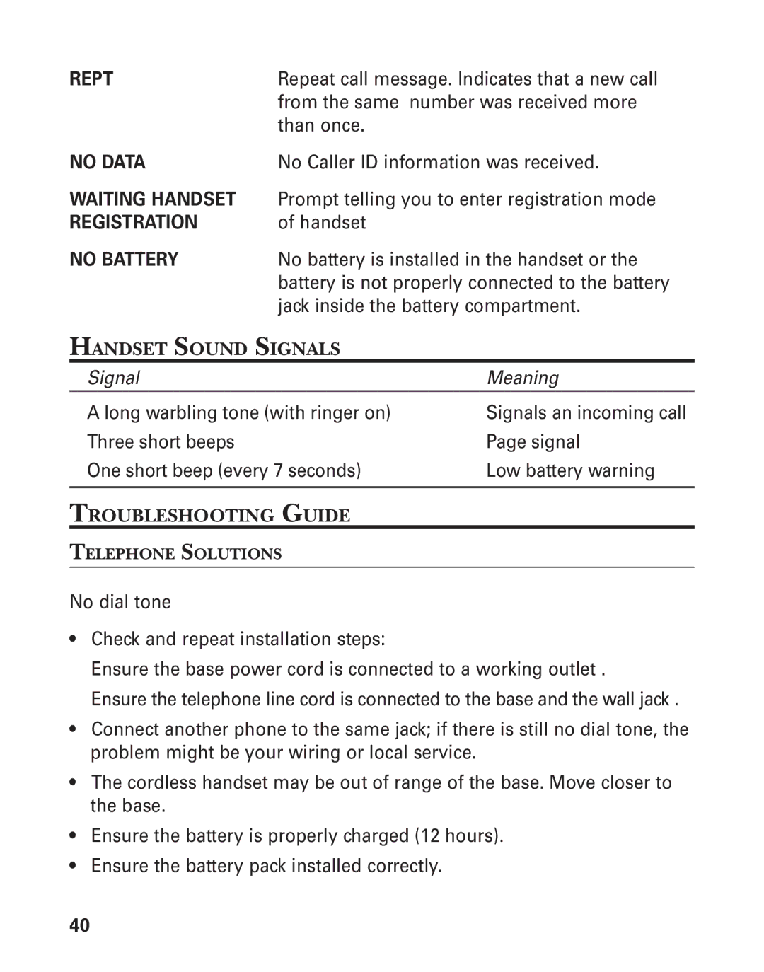 GE 27958 manual Handset Sound Signals, Troubleshooting Guide, Telephone Solutions 