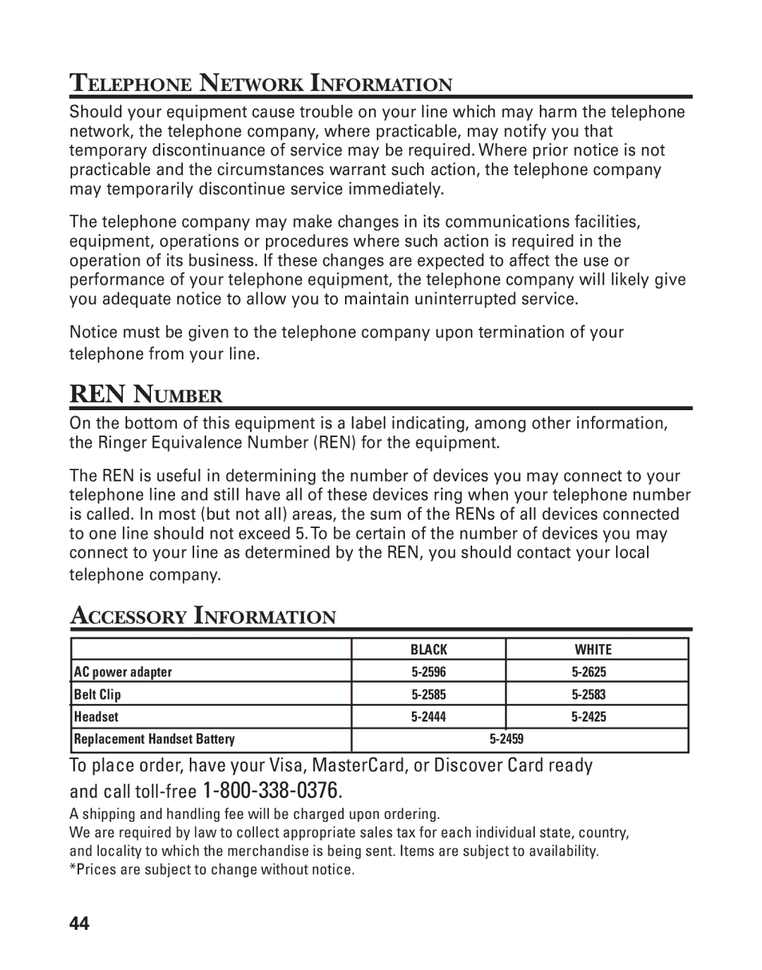 GE 27958 manual Telephone Network Information, Accessory Information 