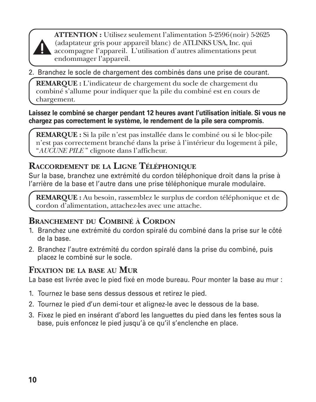 GE 27958 manual Raccordement DE LA Ligne Téléphonique, Branchement DU Combiné À Cordon, Fixation DE LA Base AU MUR 