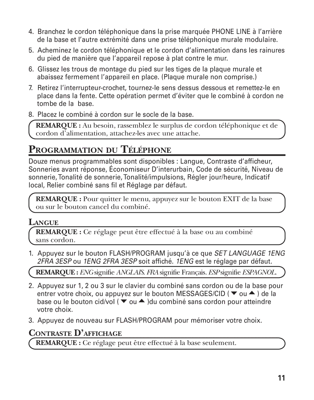 GE 27958 manual Programmation DU Téléphone, Langue, Contraste D’AFFICHAGE 