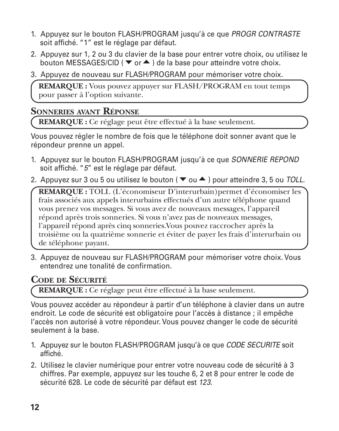 GE 27958 manual Sonneries Avant Réponse, Code DE Sécurité 