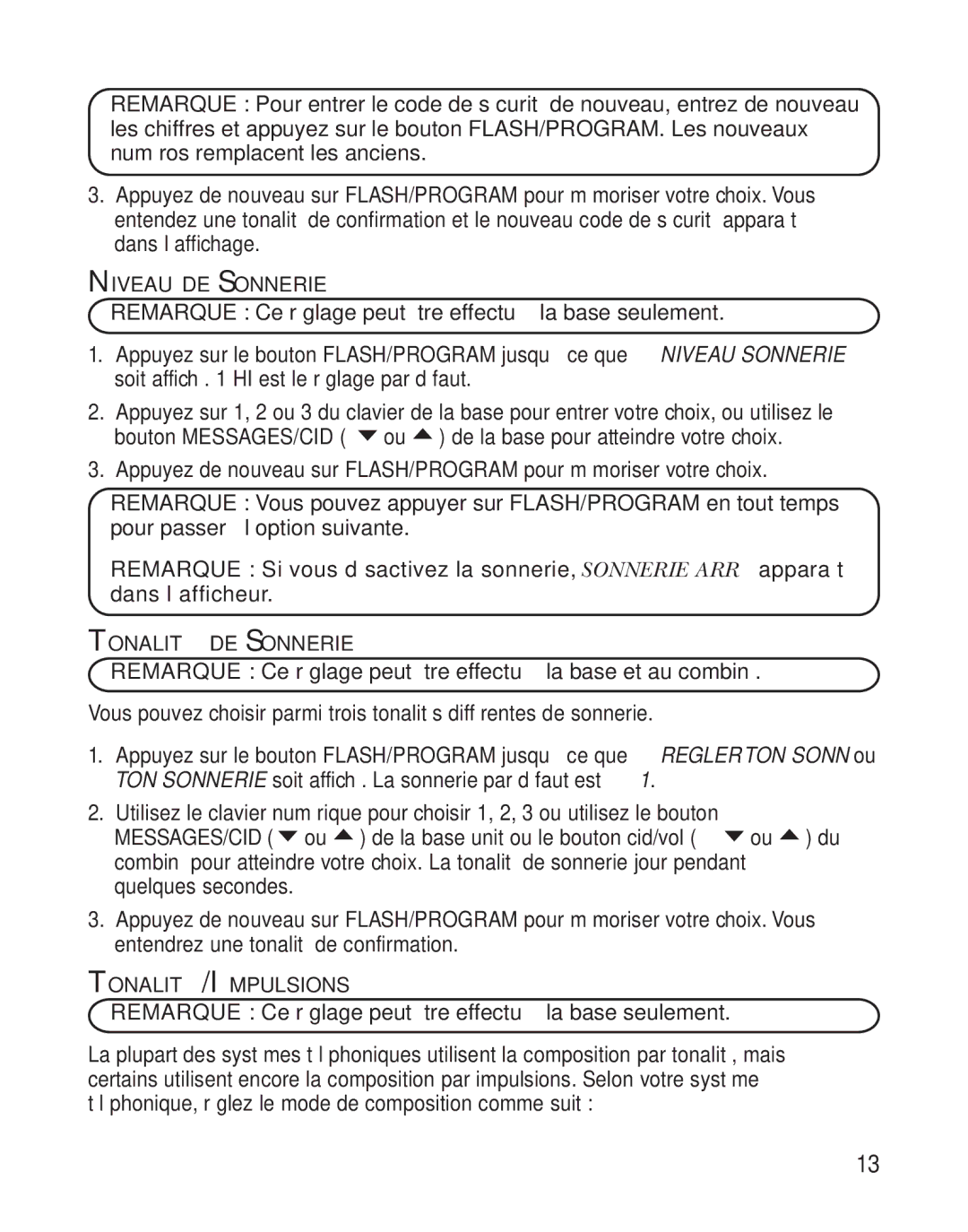 GE 27958 manual Niveau DE Sonnerie, Tonalité DE Sonnerie, Tonalité/Impulsions 