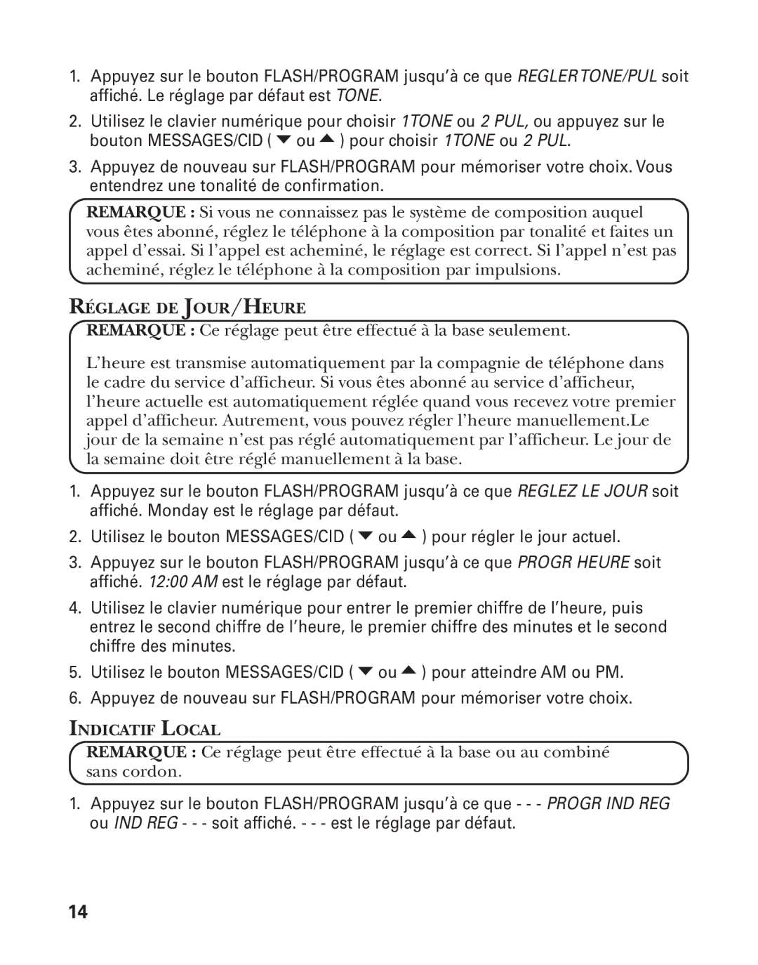 GE 27958 manual Réglage DE JOUR/HEURE, Indicatif Local 