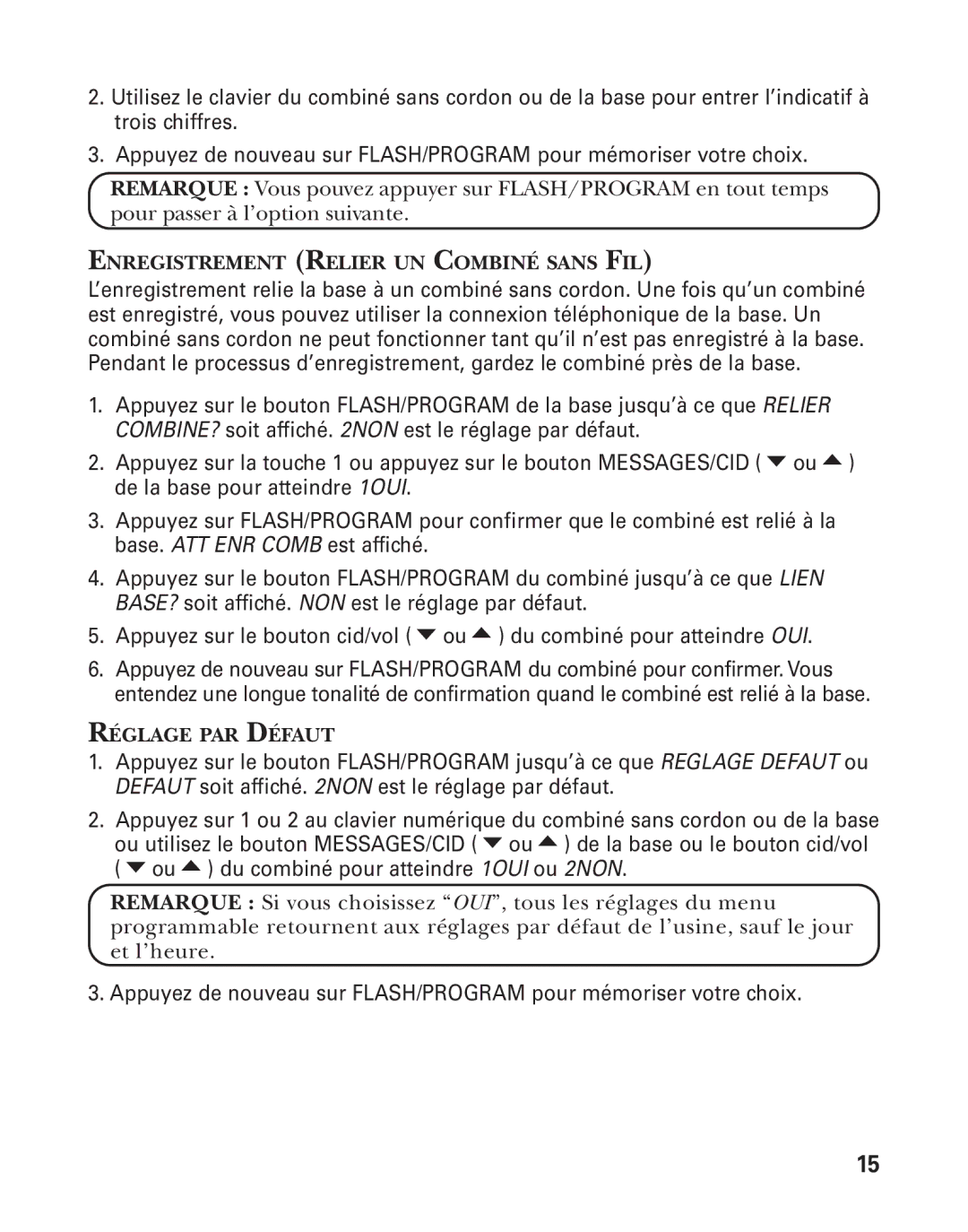 GE 27958 manual Enregistrement Relier UN Combiné Sans FIL, Réglage PAR Défaut 