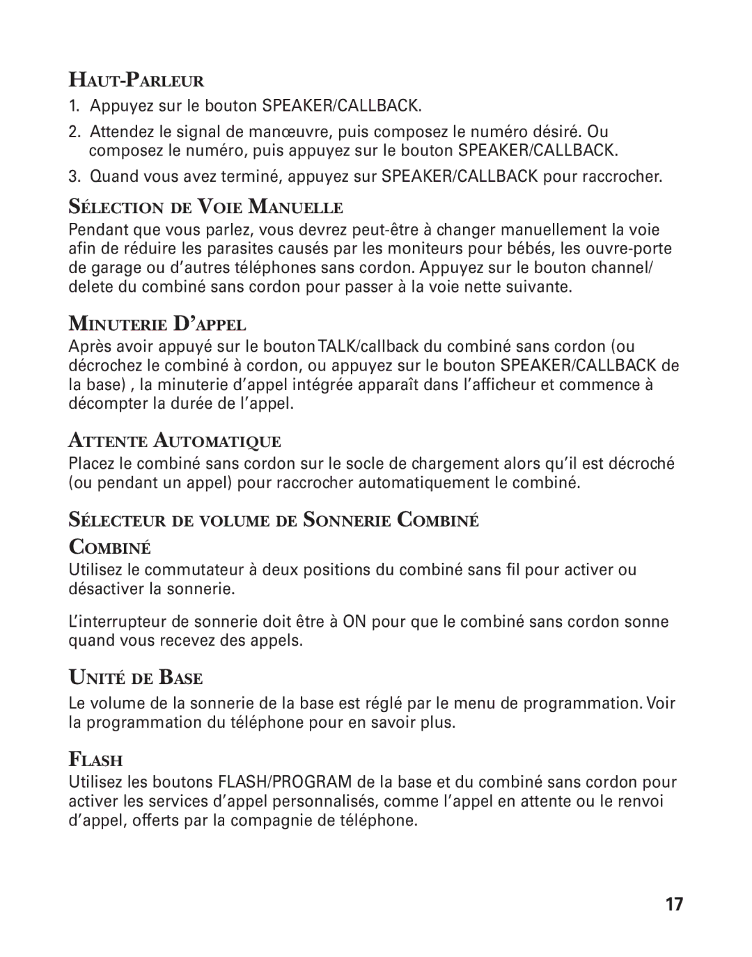 GE 27958 manual Haut-Parleur, Sélection DE Voie Manuelle, Minuterie D’APPEL, Attente Automatique, Unité DE Base 