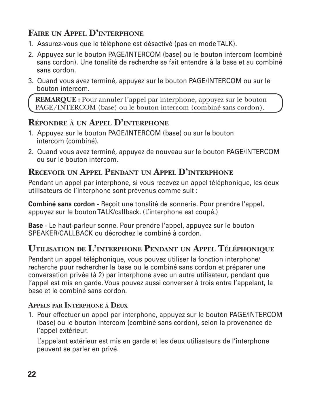 GE 27958 Faire UN Appel D’INTERPHONE, Répondre À UN Appel D’INTERPHONE, Recevoir UN Appel Pendant UN Appel D’INTERPHONE 