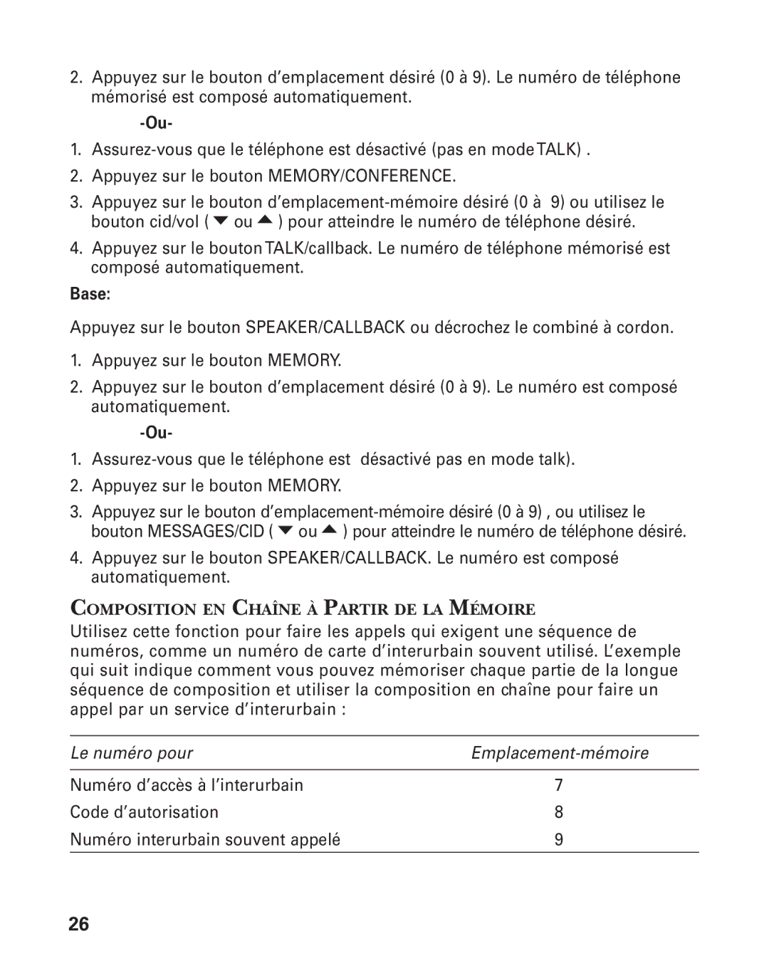 GE 27958 manual Base, Composition EN Chaîne À Partir DE LA Mémoire 