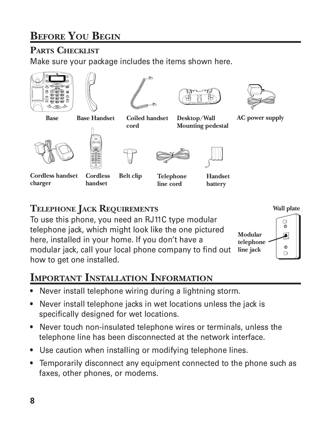 GE 27958 manual Before YOU Begin, Important Installation Information, Parts Checklist, Telephone Jack Requirements 