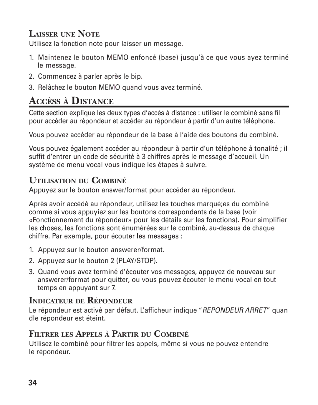 GE 27958 manual Accèss À Distance, Laisser UNE Note, Utilisation DU Combiné, Indicateur DE Répondeur 