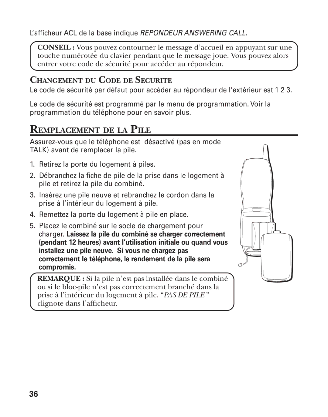 GE 27958 manual Remplacement DE LA Pile, Changement DU Code DE Securite 