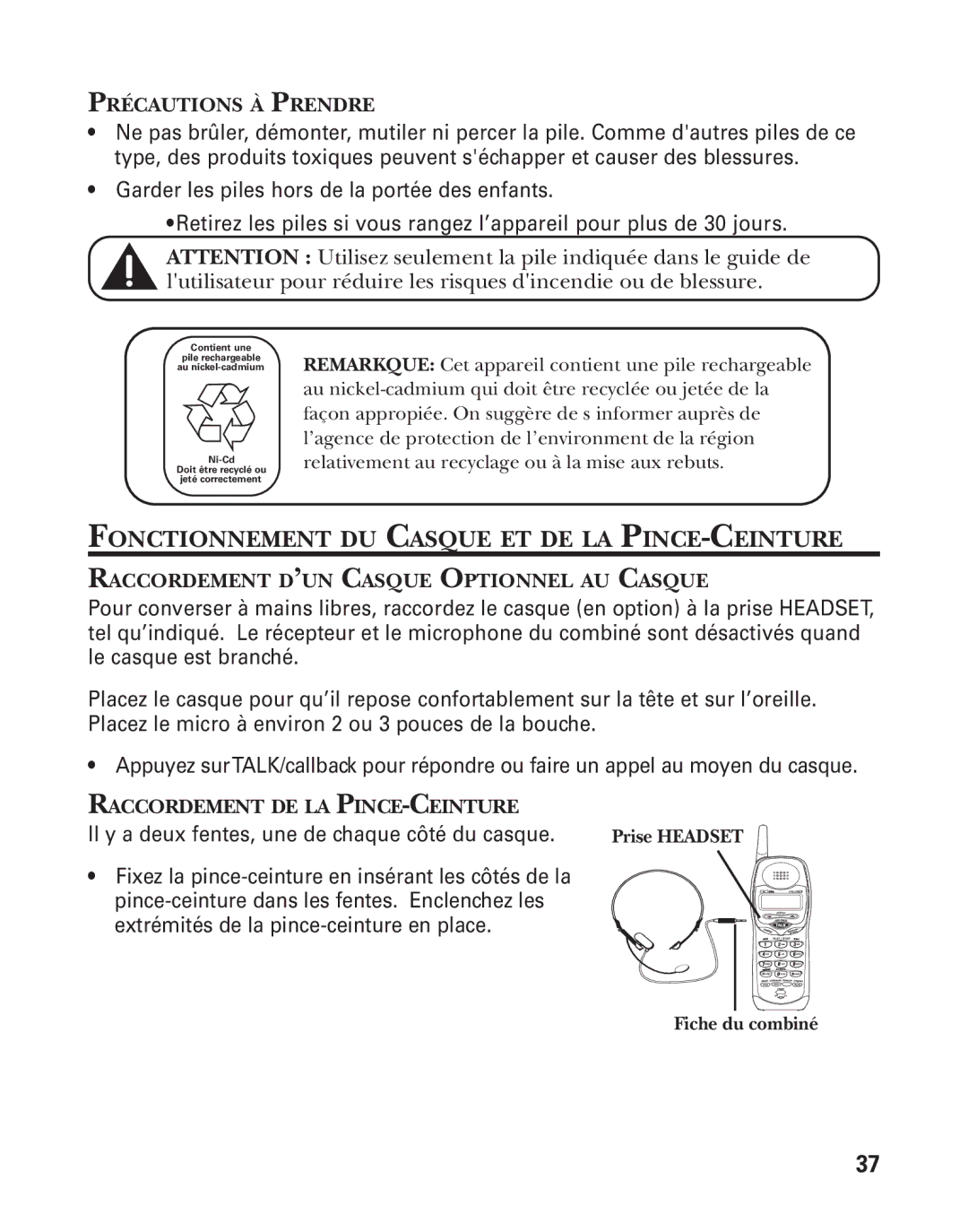 GE 27958 manual Fonctionnement DU Casque ET DE LA PINCE-CEINTURE, Précautions À Prendre, Raccordement DE LA PINCE-CEINTURE 