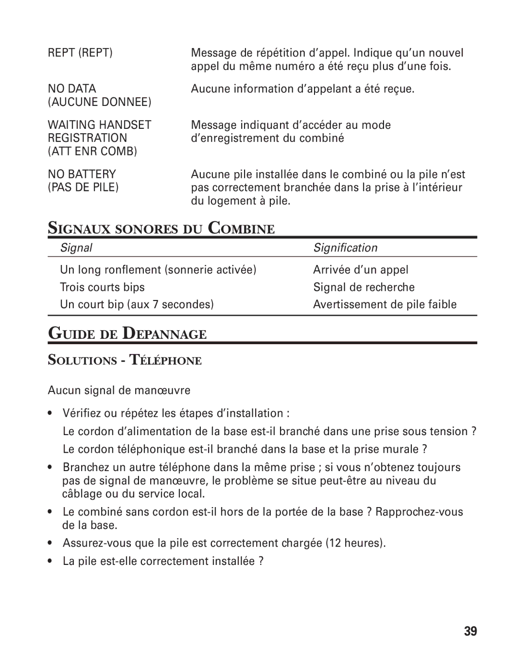 GE 27958 manual Signaux Sonores DU Combine, Solutions Téléphone 