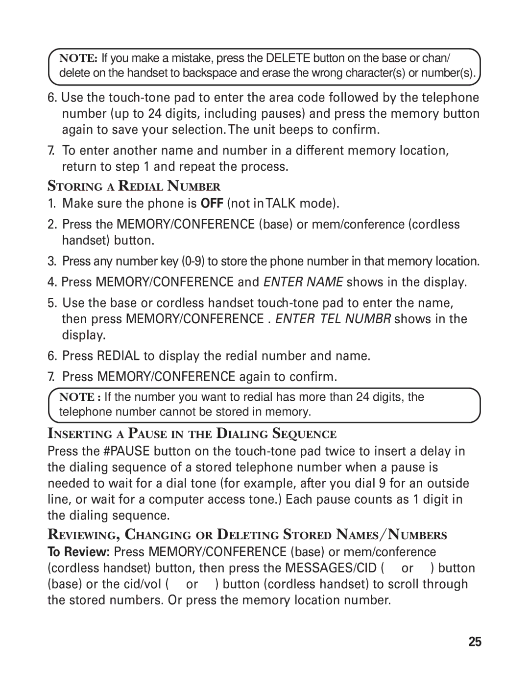 GE 55911620, 27958B manual Storing a Redial Number, Inserting a Pause in the Dialing Sequence 