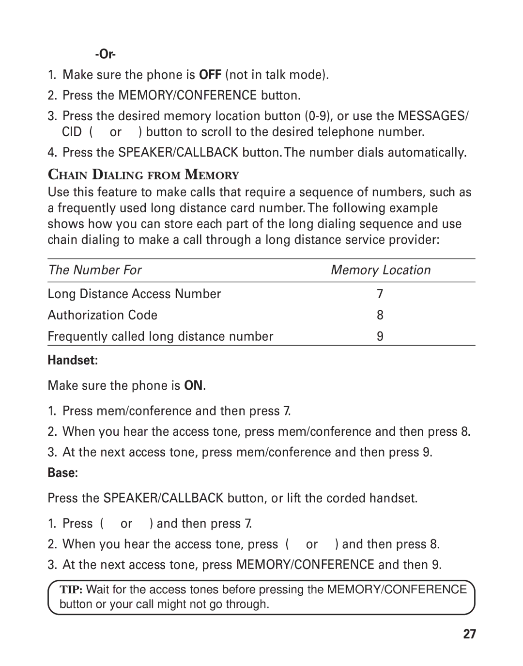 GE 55911620, 27958B manual Chain Dialing from Memory 