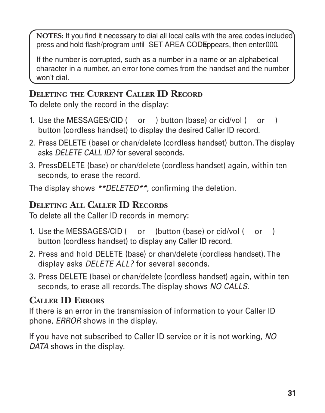 GE 55911620, 27958B manual Deleting the Current Caller ID Record, Deleting ALL Caller ID Records, Caller ID Errors 