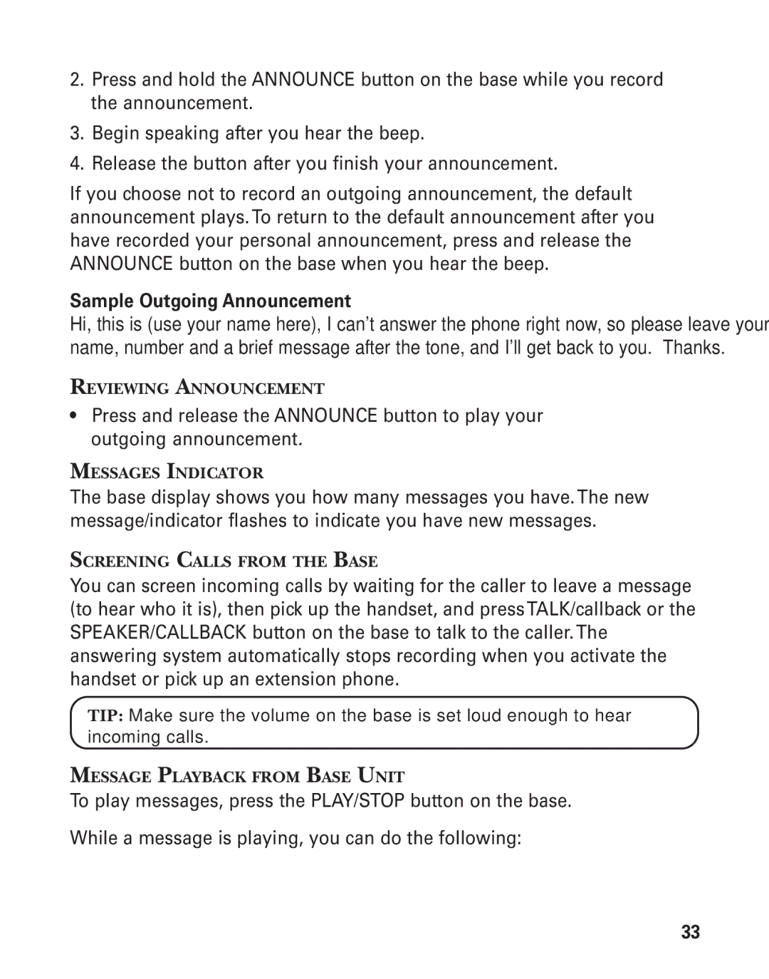 GE 55911620 Reviewing Announcement, Messages Indicator, Screening Calls from the Base, Message Playback from Base Unit 