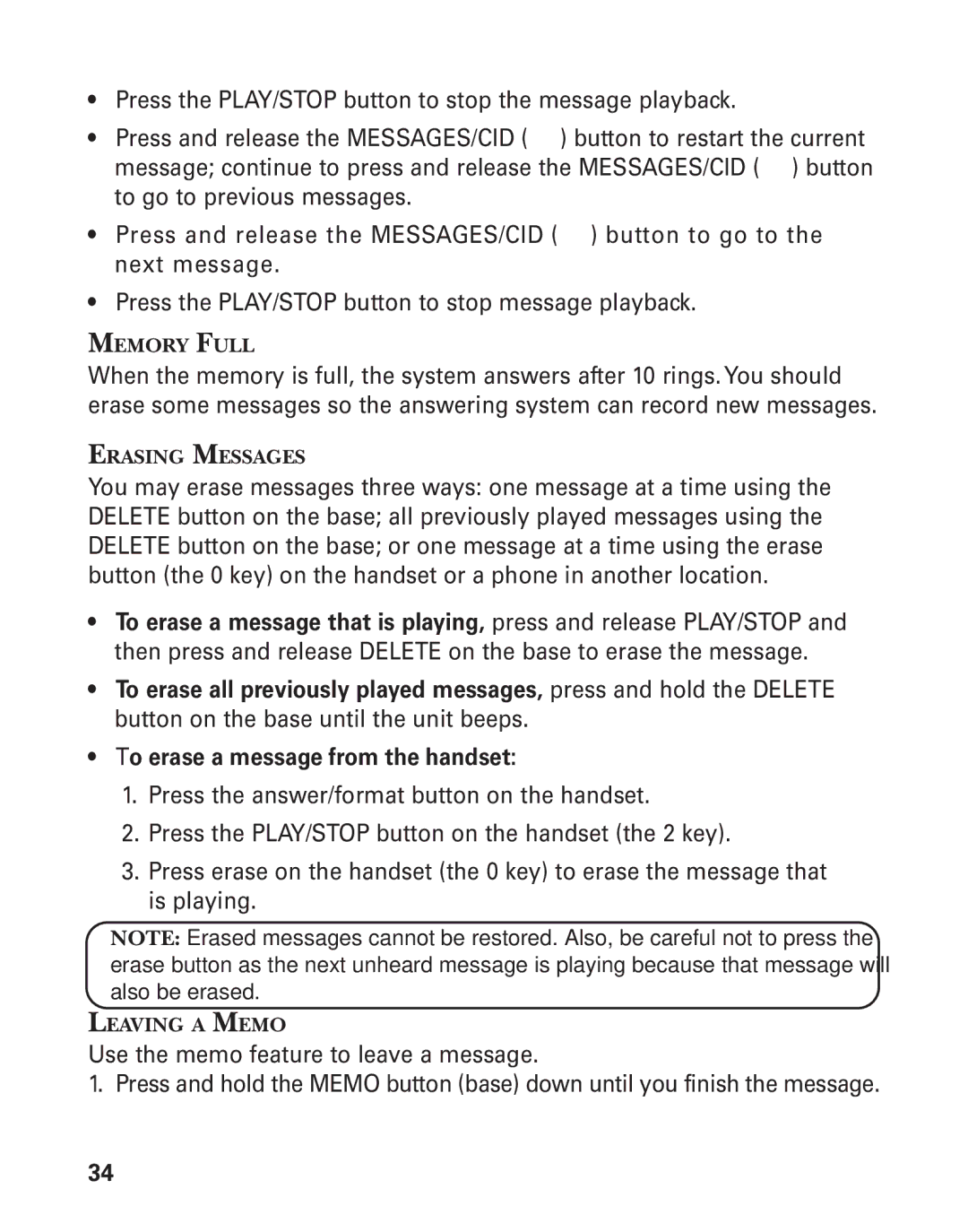 GE 27958B, 55911620 manual Memory Full, Erasing Messages, Leaving a Memo 