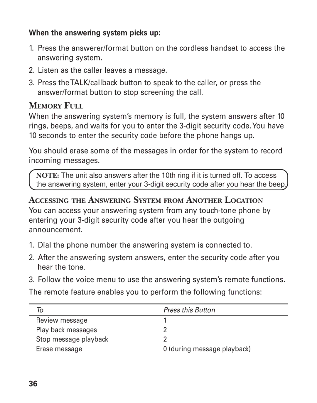 GE 27958B, 55911620 manual When the answering system picks up, Accessing the Answering System from Another Location 