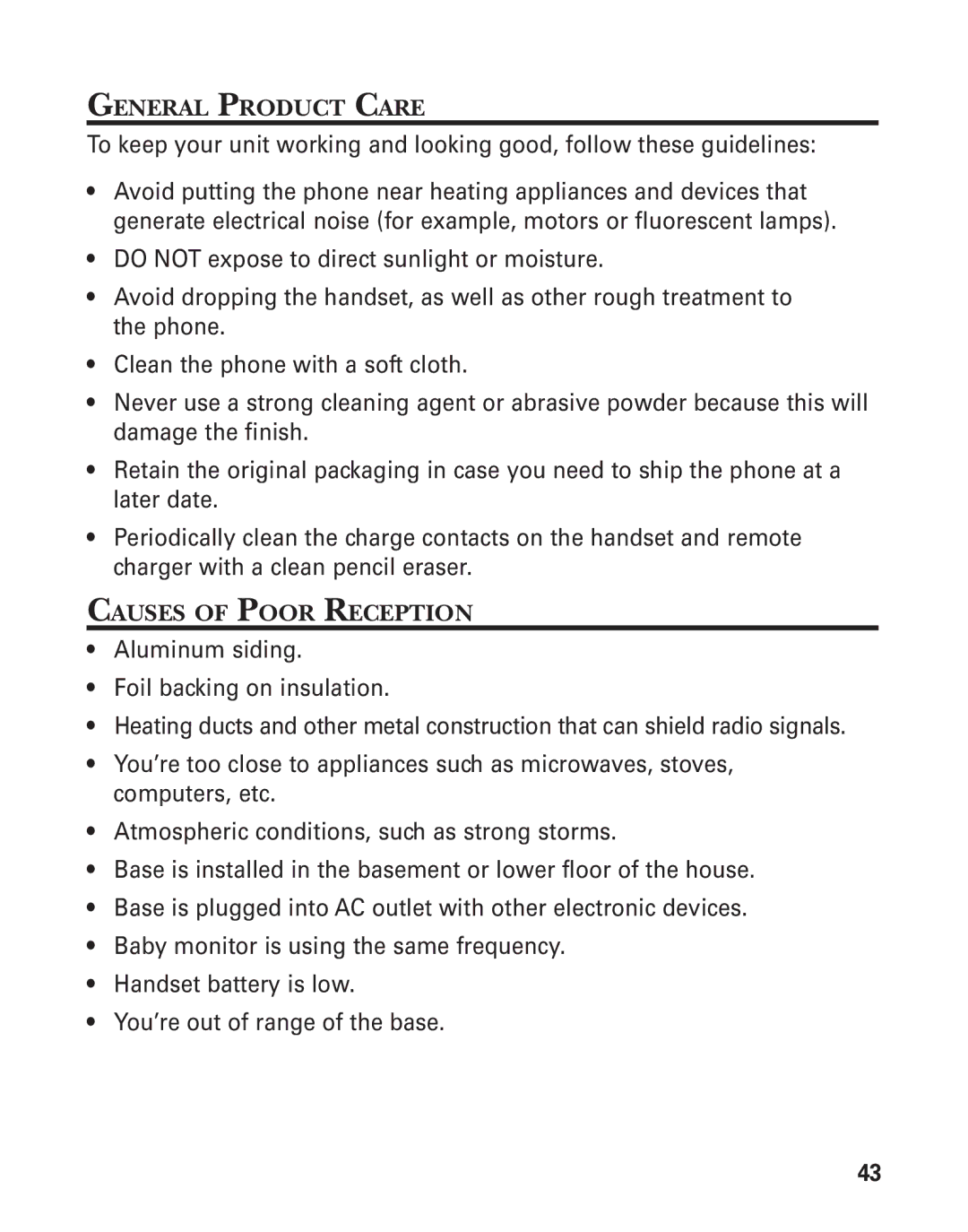 GE 55911620, 27958B manual General Product Care, Causes of Poor Reception 