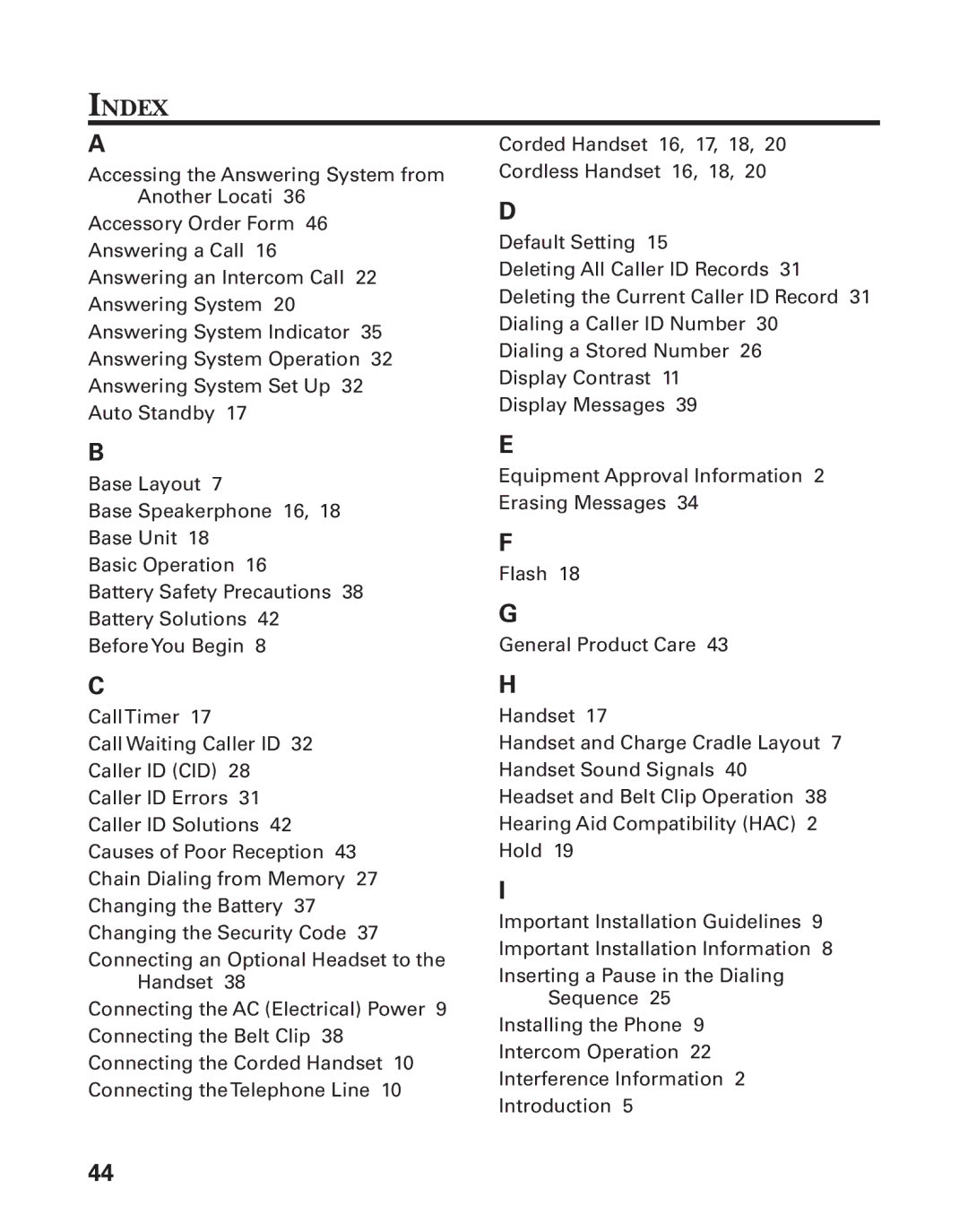 GE 27958B, 55911620 manual Index 