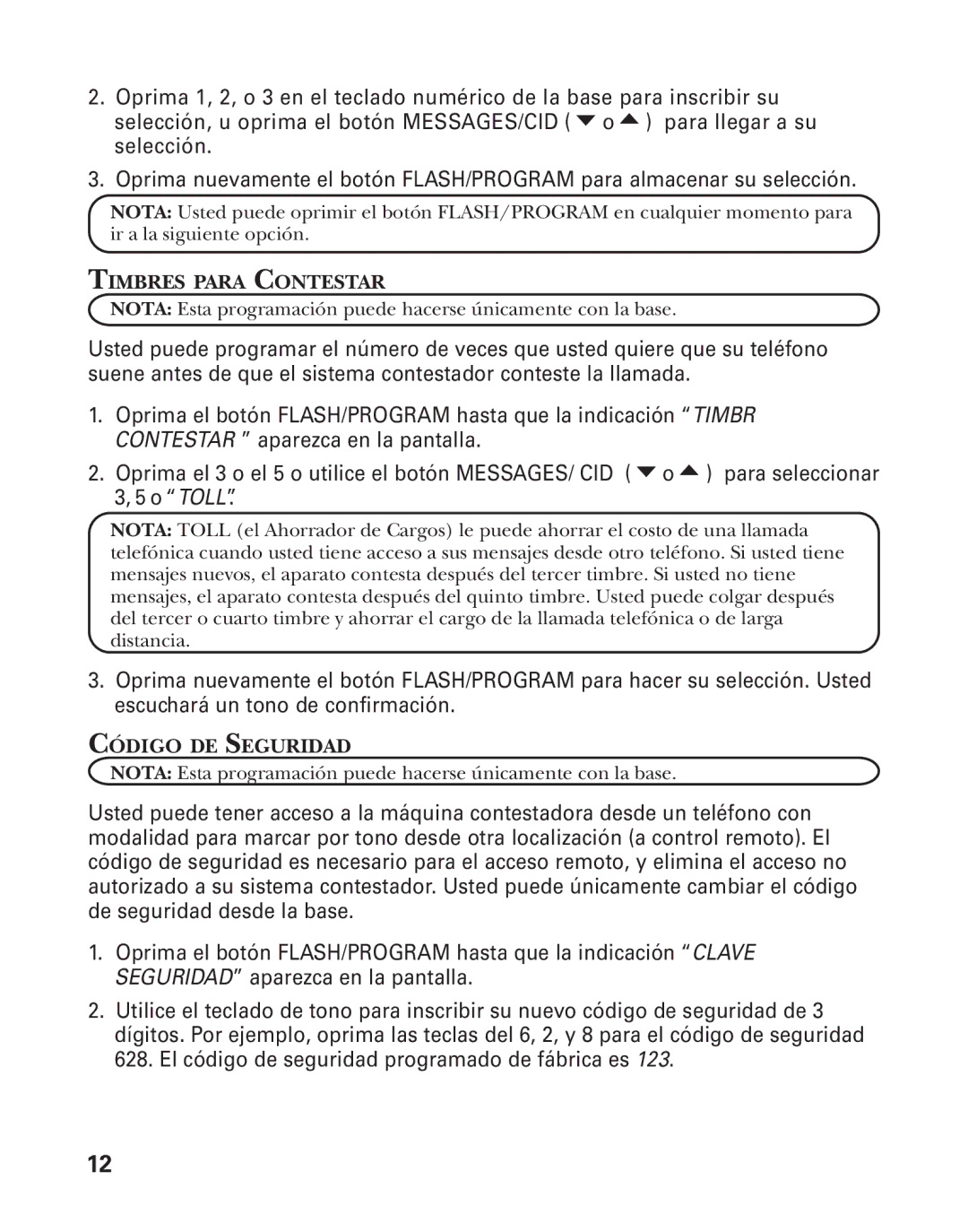 GE 27958B, 55911620 manual Timbres Para Contestar, Código DE Seguridad 