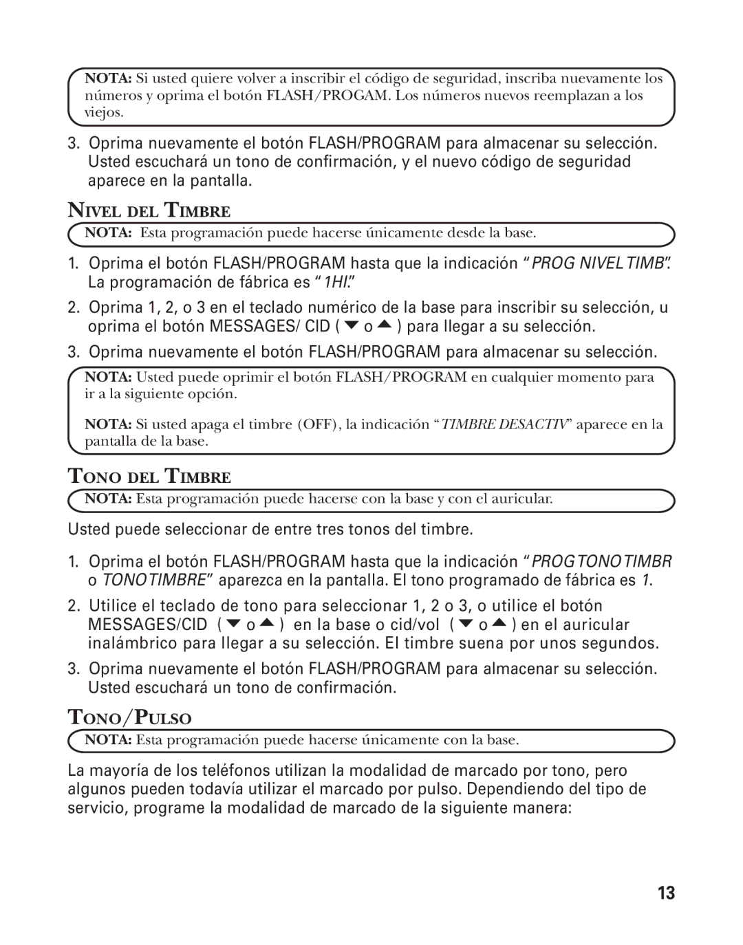 GE 55911620, 27958B manual Nivel DEL Timbre, Tono DEL Timbre, Tono/Pulso 