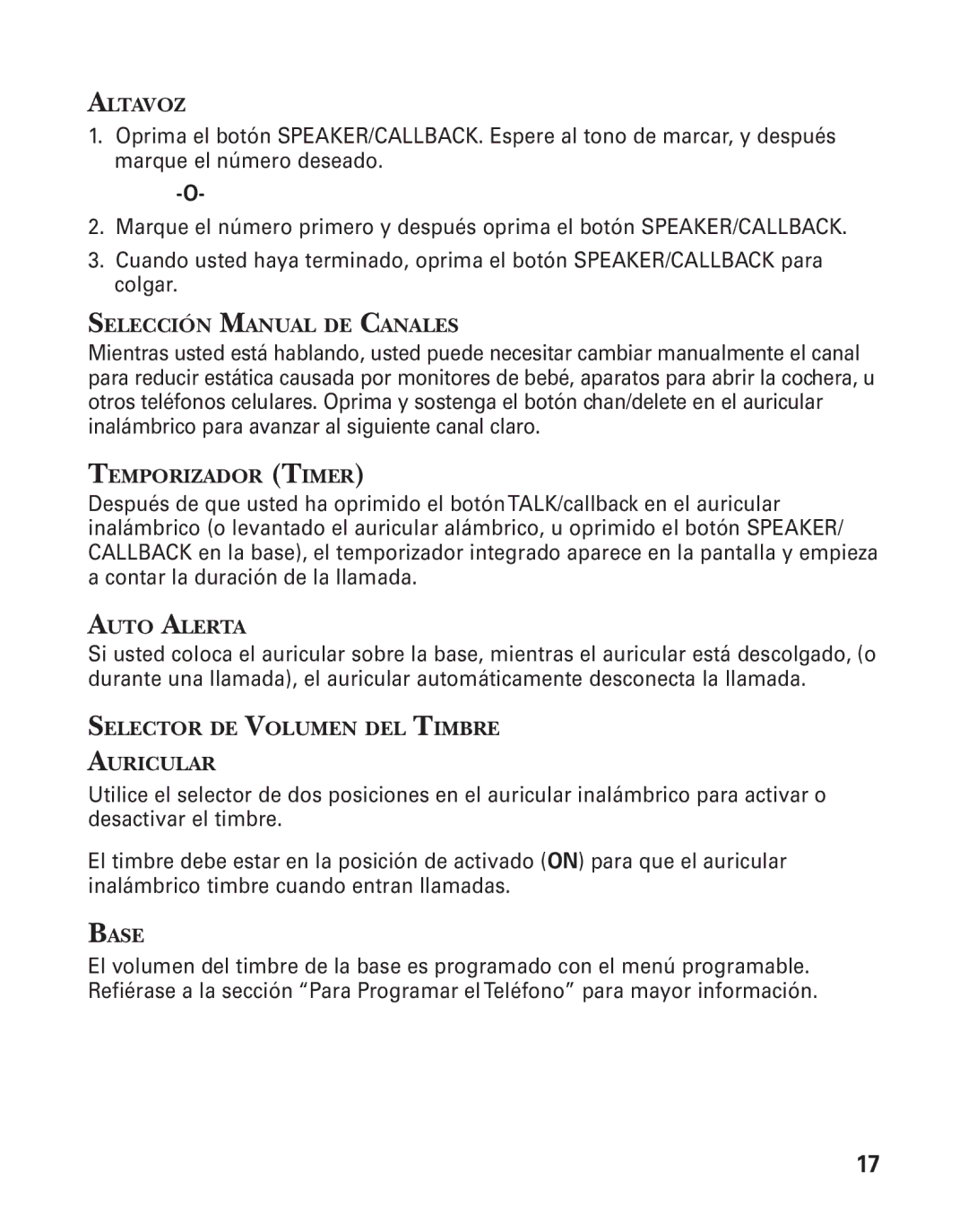 GE 55911620, 27958B manual Altavoz, Selección Manual DE Canales, Temporizador Timer, Auto Alerta, Base 