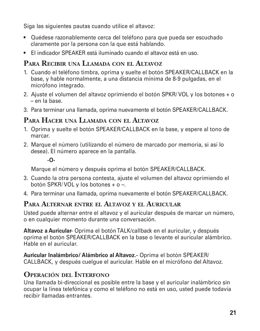 GE 55911620 manual Para Recibir UNA Llamada CON EL Altavoz, Para Hacer UNA Llamada CON EL Altavoz, Operación DEL Interfono 