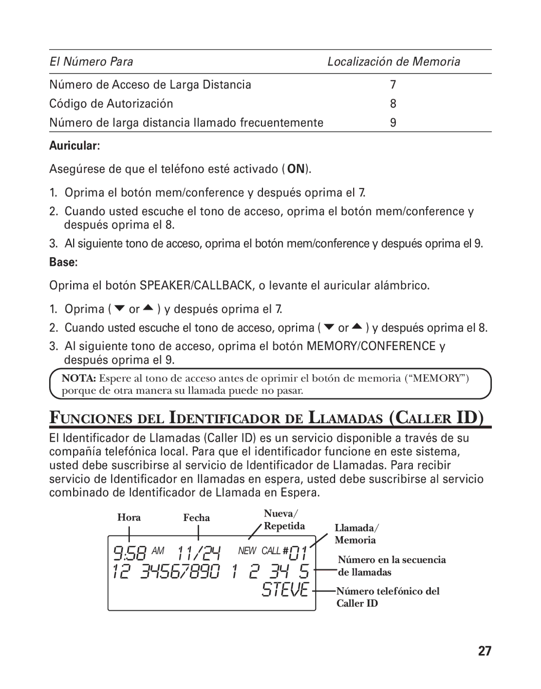 GE 55911620, 27958B manual Funciones DEL Identificador DE Llamadas Caller ID, Auricular 