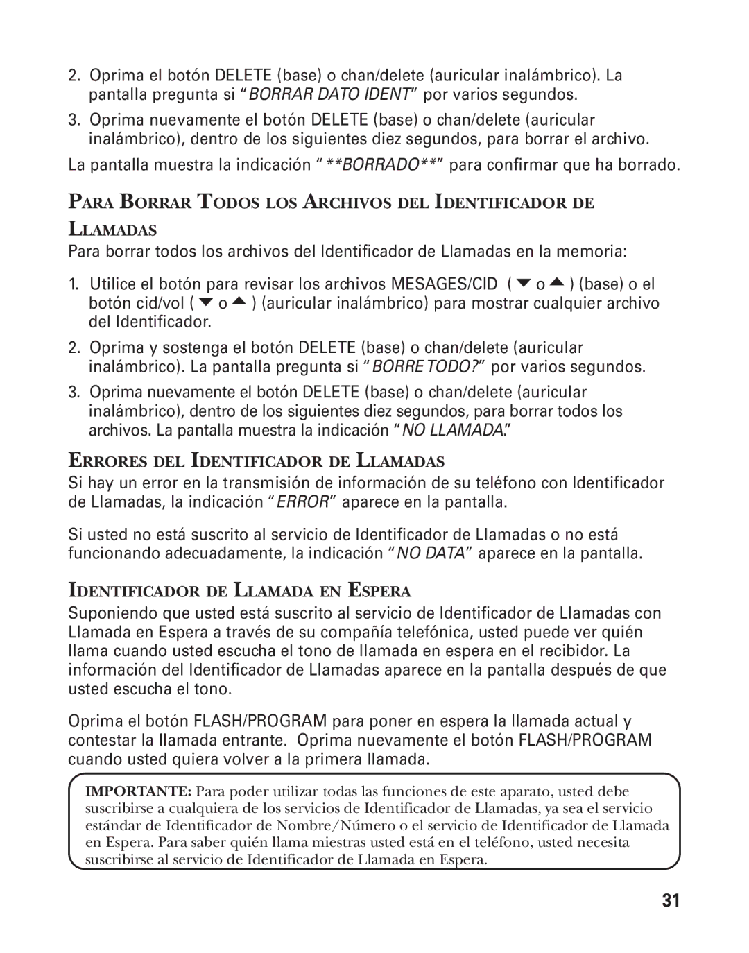 GE 55911620, 27958B manual Errores DEL Identificador DE Llamadas, Identificador DE Llamada EN Espera 