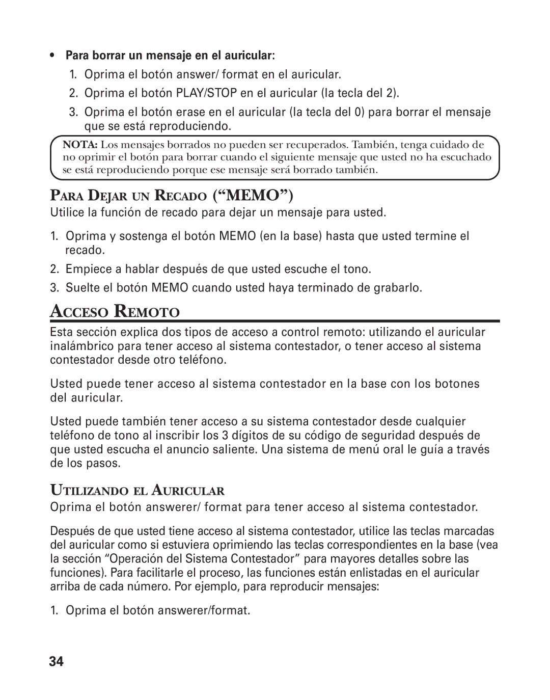 GE 27958B, 55911620 manual Acceso Remoto, Para Dejar UN Recado Memo, Utilizando EL Auricular 