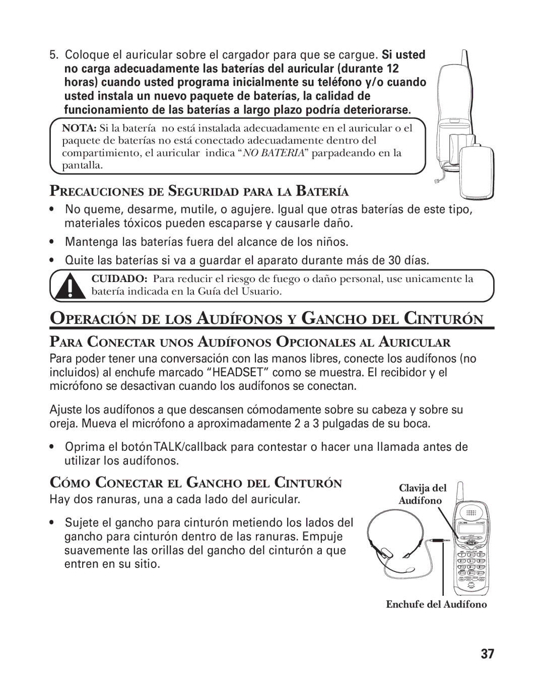 GE 55911620, 27958B manual Operación DE LOS Audífonos Y Gancho DEL Cinturón, Precauciones DE Seguridad Para LA Batería 