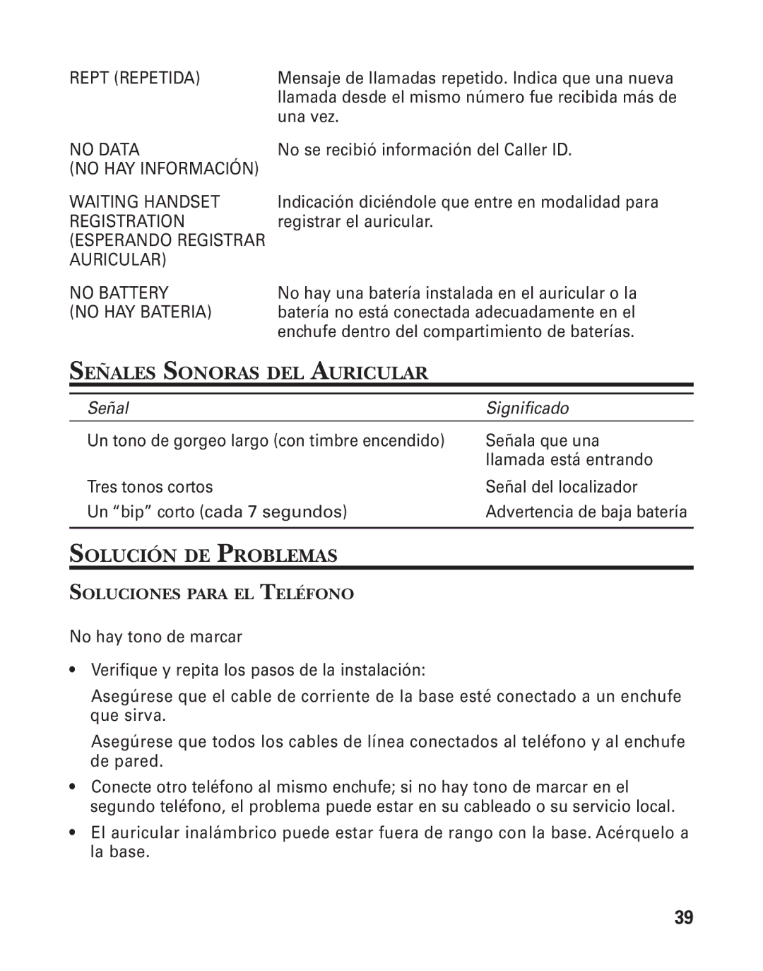 GE 55911620, 27958B manual Señales Sonoras DEL Auricular, Soluciones Para EL Teléfono 