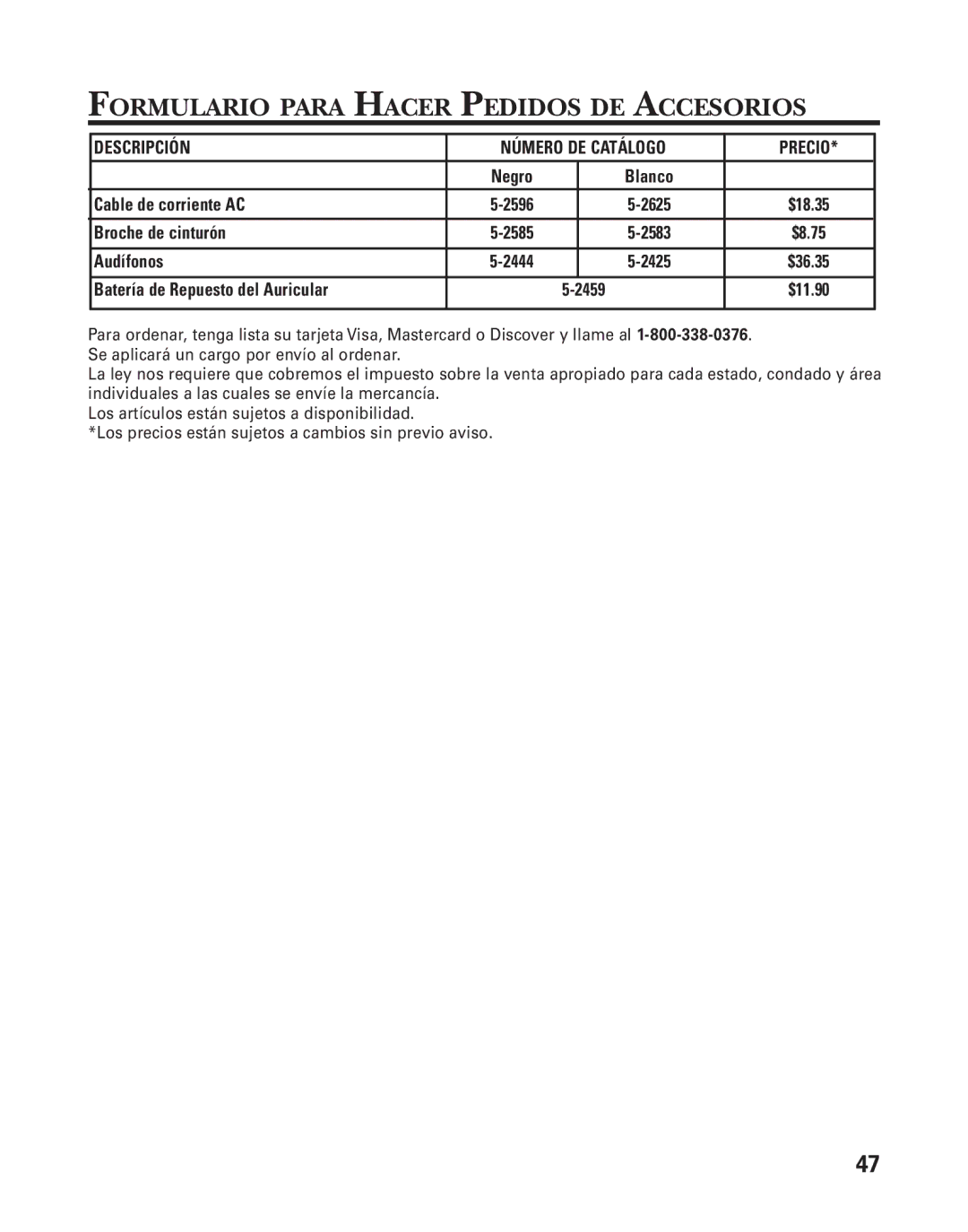 GE 55911620, 27958B manual Formulario Para Hacer Pedidos DE Accesorios 