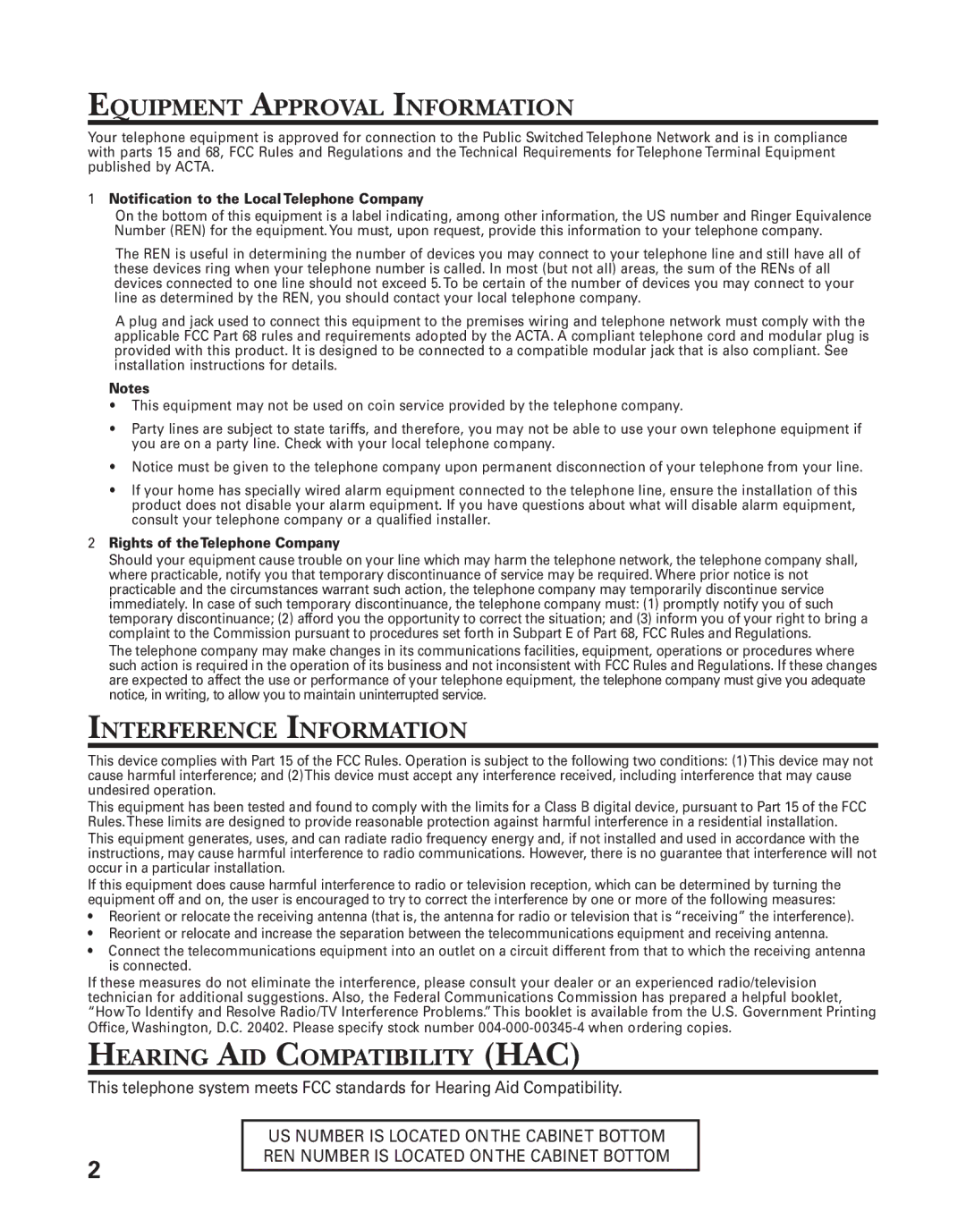 GE 27959 manual Equipment Approval Information, Interference Information, Hearing AID Compatibility HAC 