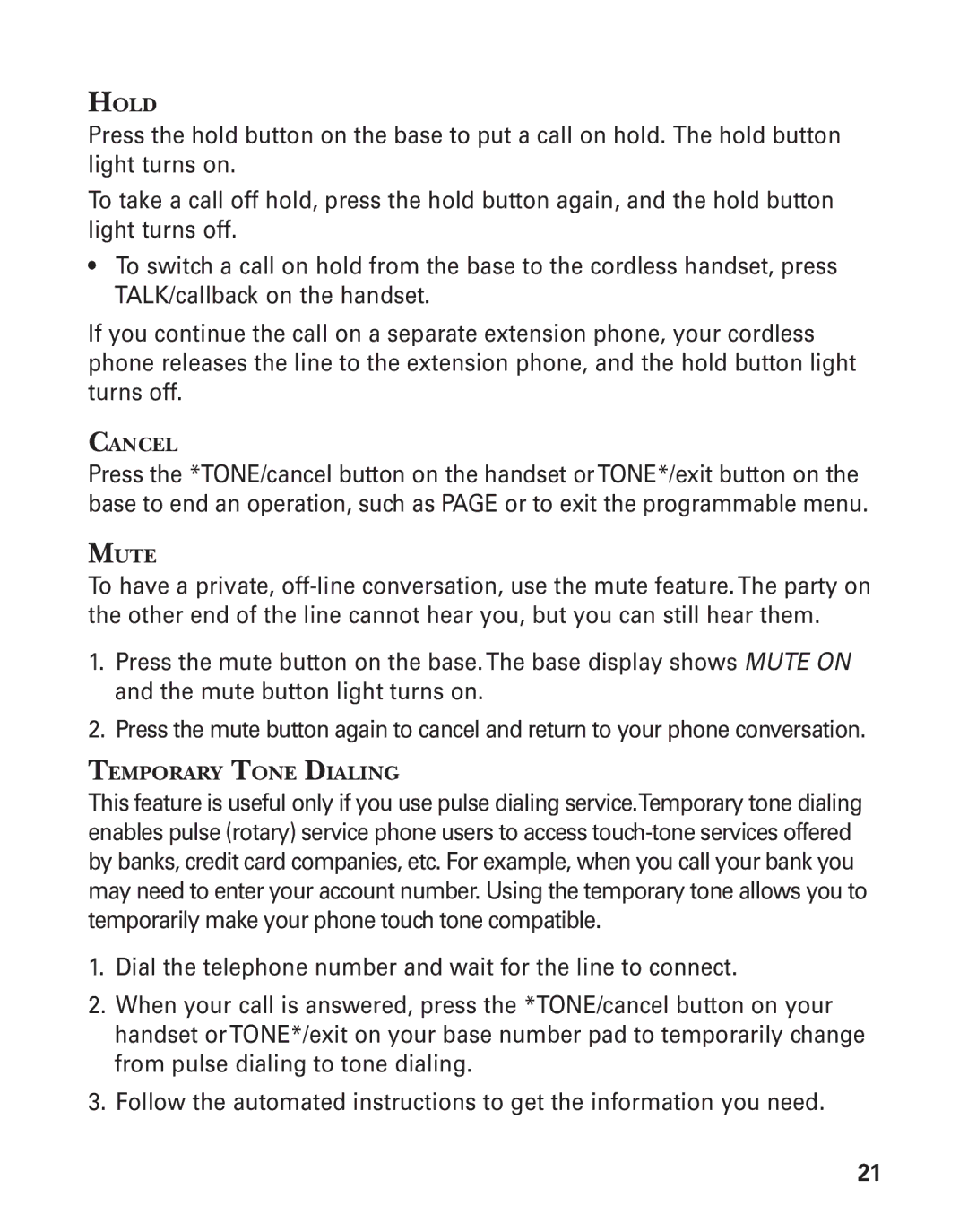 GE 27959 manual Hold, Cancel, Mute, Temporary Tone Dialing 