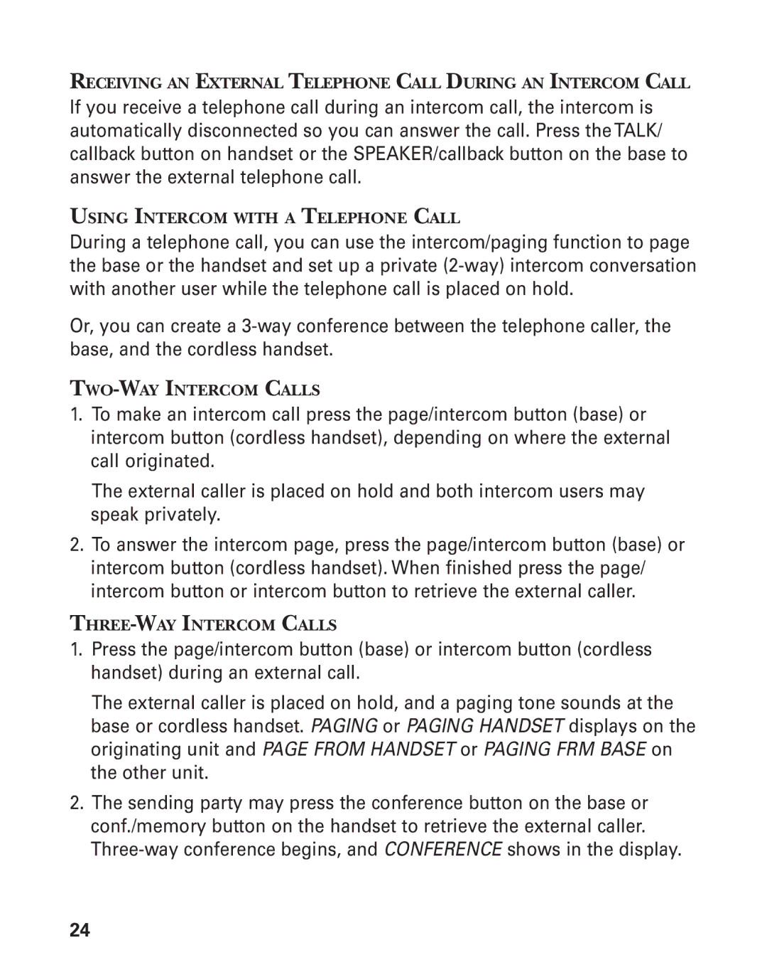GE 27959 manual Using Intercom with a Telephone Call, TWO-WAY Intercom Calls, THREE-WAY Intercom Calls 