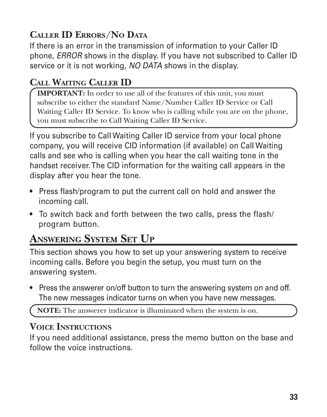 GE 27959 manual Answering System SET UP, Caller ID ERRORS/NO Data, Call Waiting Caller ID, Voice Instructions 