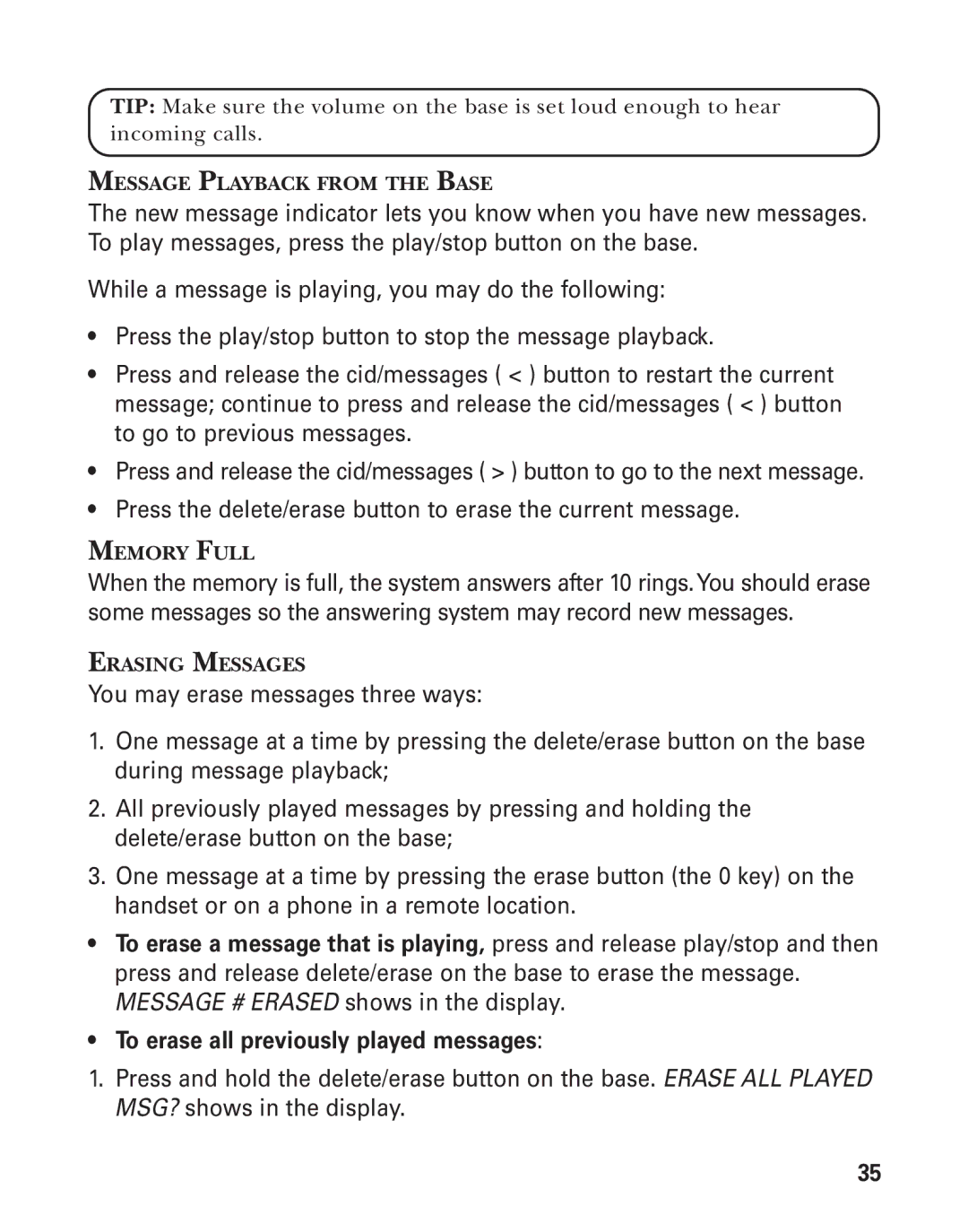 GE 27959 manual Message Playback from the Base, Memory Full, Erasing Messages 