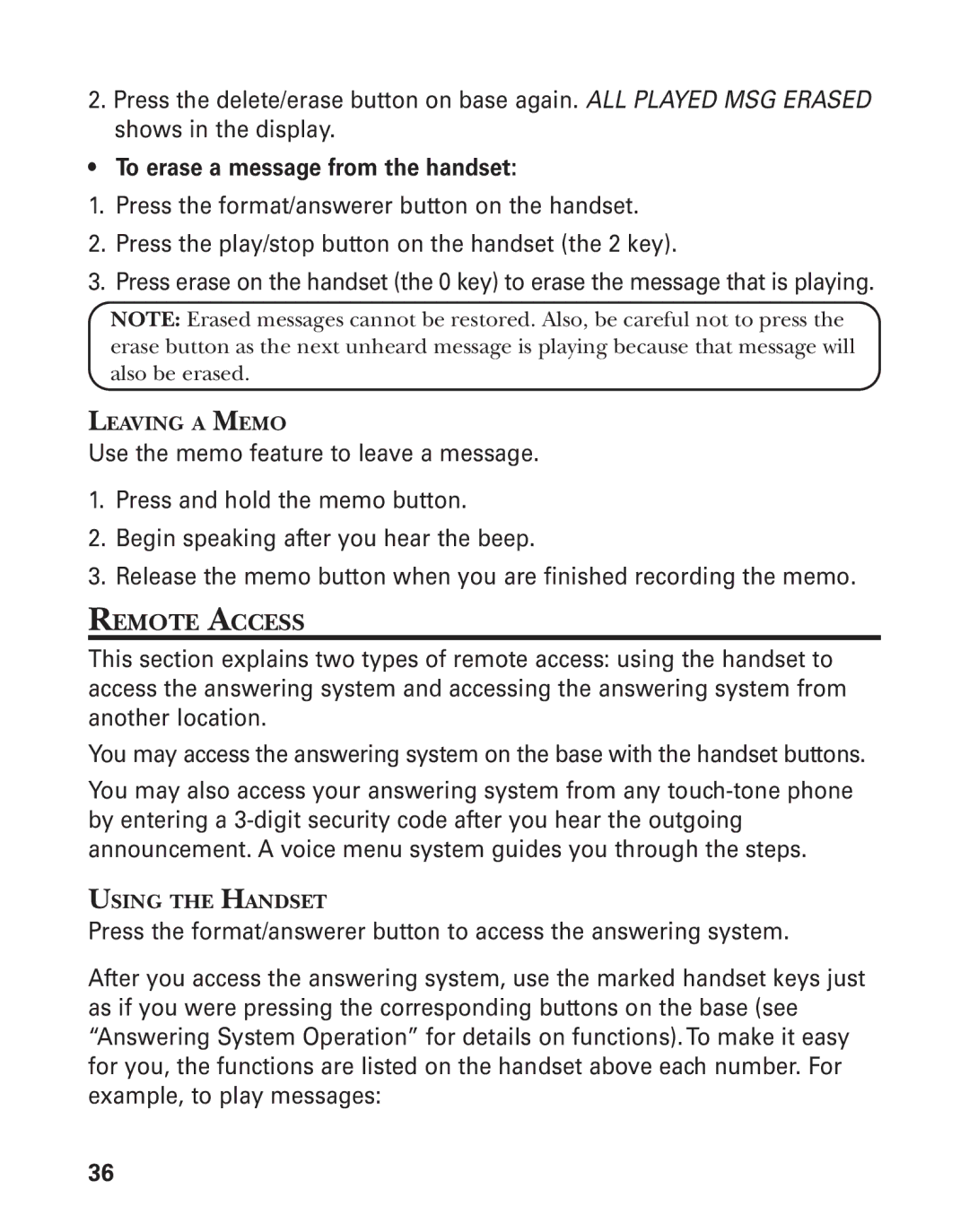 GE 27959 manual Remote Access, Leaving a Memo, Using the Handset 