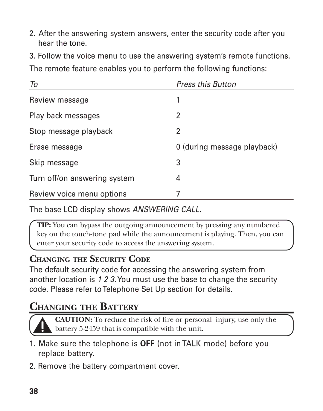 GE 27959 manual Changing the Battery, Changing the Security Code 